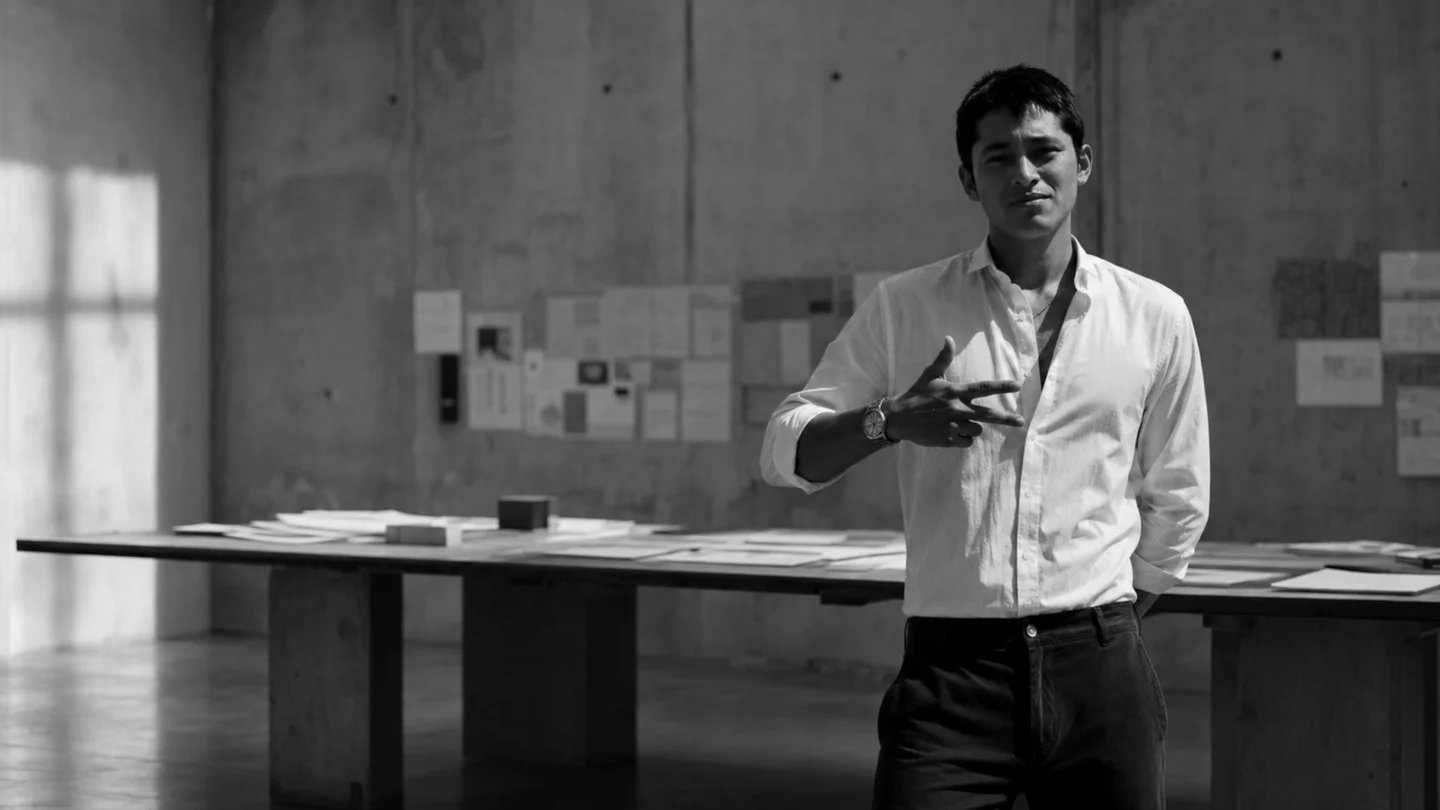 Monochrome studio portrait of Sam Bisht Sharma standing to the right of a long worktable.