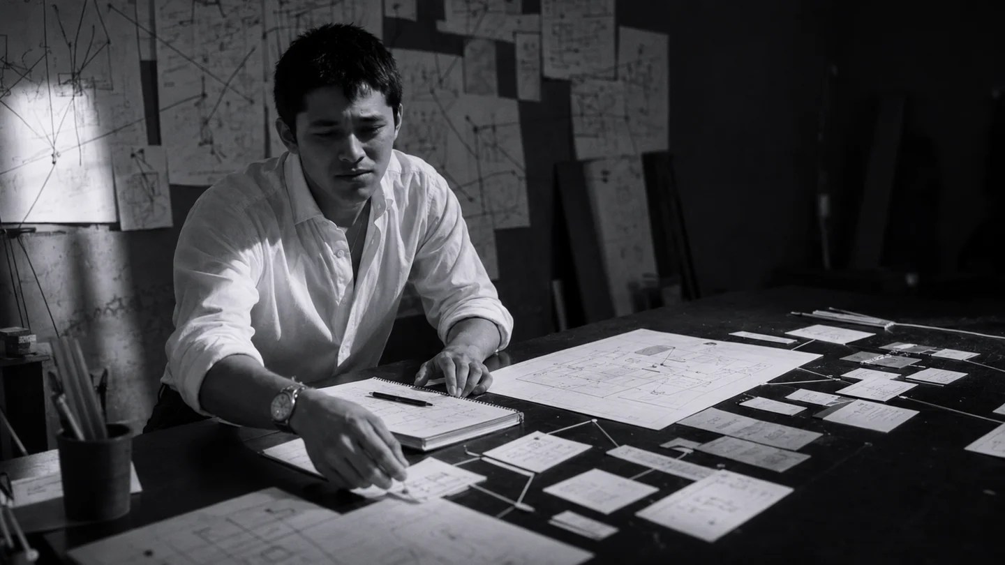A systems workshop scene with workflow notes and diagrams spread across a dark worktable.