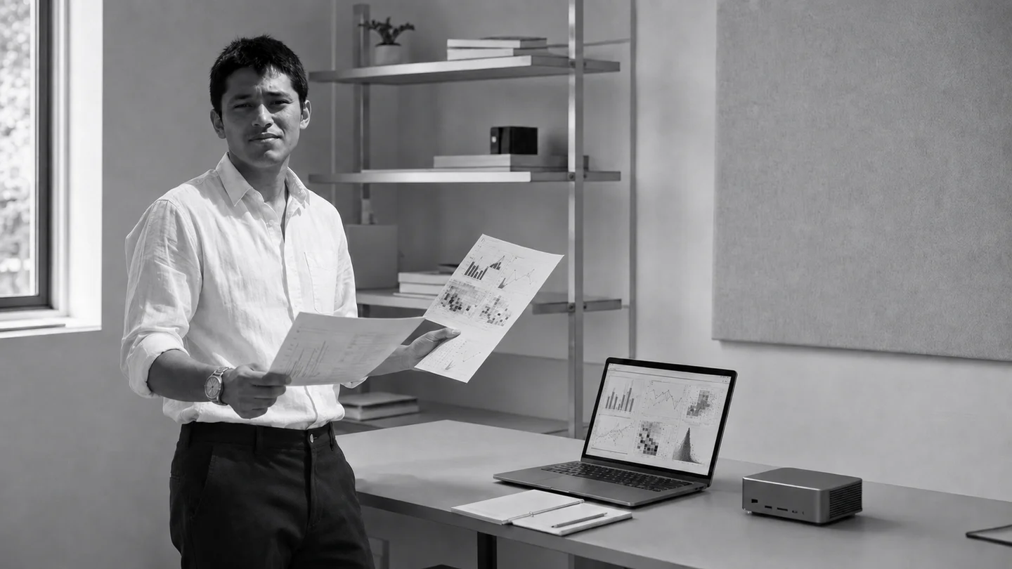 An applied AI lab scene with analysis sheets, servers, and working computers.