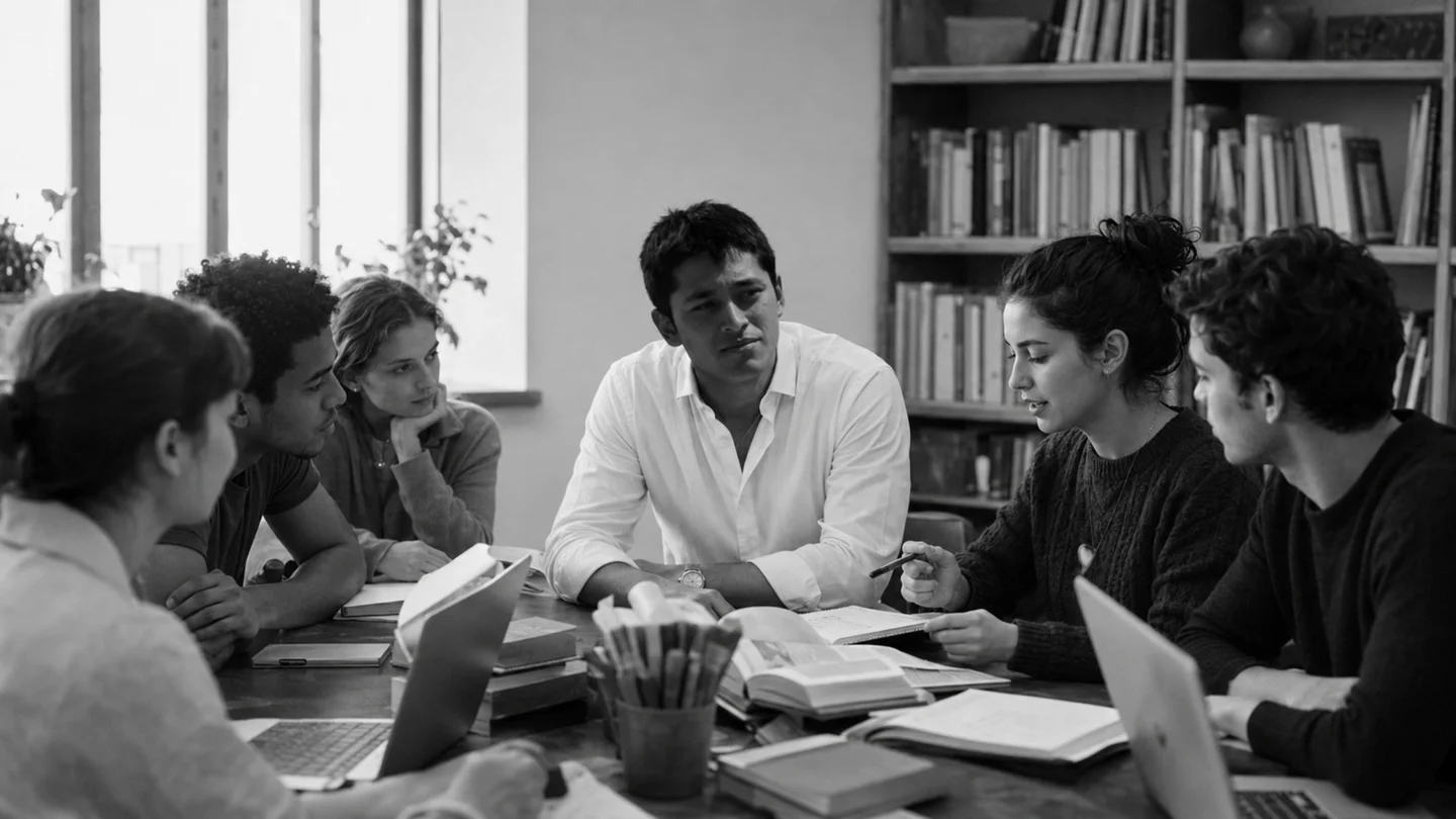 Illustrative black-and-white workshop scene with a small study group gathered around a table.