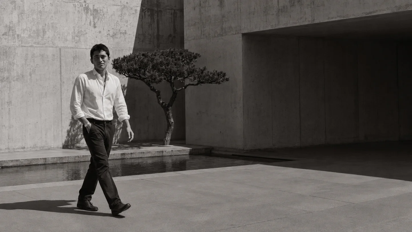A monochrome portrait of Sam Bisht Sharma walking through a spare concrete courtyard.